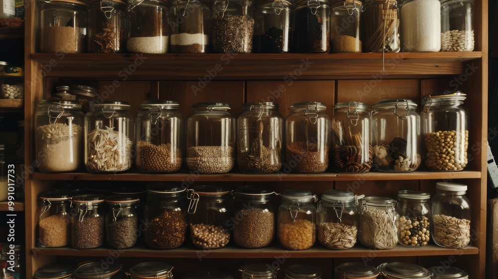 A row of glass jars containing various spices, grains, and dried foods on wooden shelves, showcasing a warm and inviting kitchen pantry environment. A row of glass jars containing various spices, grains, and dried foods on wooden shelves, showcasing a warm and inviting kitchen pantry environment.