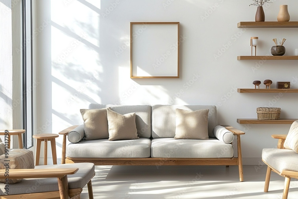 Obraz premium Scandinavian Mid-Century Modern Interior Photo from Living Room With Scandinavian Decorations on Wood Shelves. Generative AI