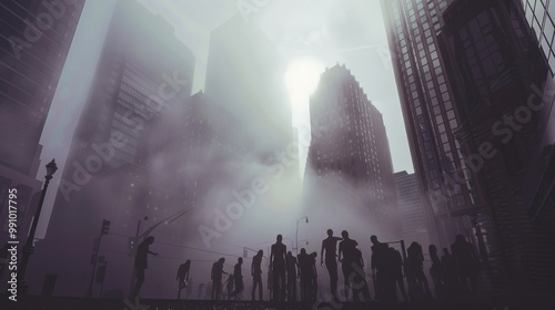 A fog-shrouded city with silhouettes of people, evoking a mysterious, almost surreal urban scene filled with anticipation. photo