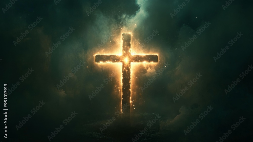 Fototapeta premium A fiery cross against a dark sky. Jesus christ Christianity background