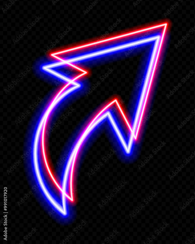 Neon red and blue curved arrow pointing upwards on a transparent background. Glowing, futuristic design, ideal for technology, navigation, and digital direction concepts.