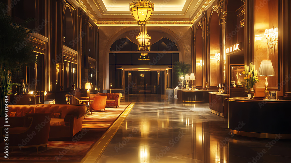 Fototapeta premium Glamorous background with a luxurious anime-style ballroom, including chandeliers, decorations, and a grand staircase