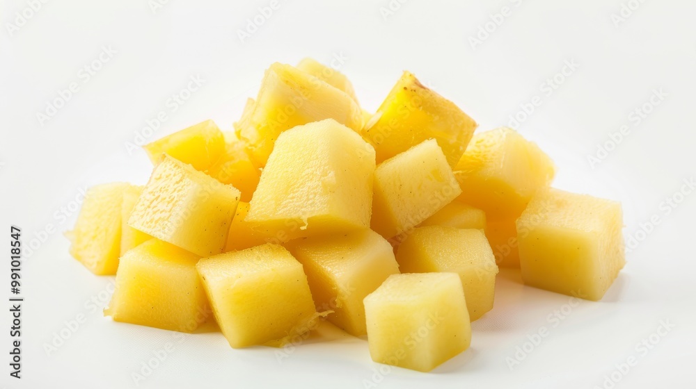 Neatly cut cubes of fresh pineapple on a clean white background capture the essence of tropical freshness and simplicity. Neatly cut cubes of fresh pineapple on a clean white background capture the essence of tropical freshness and simplicity.