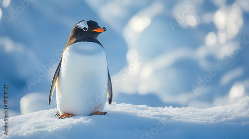 A solitary penguin stands on a snowy landscape, showcasing its distinctive features against a backdrop of ice and blue hues. photo