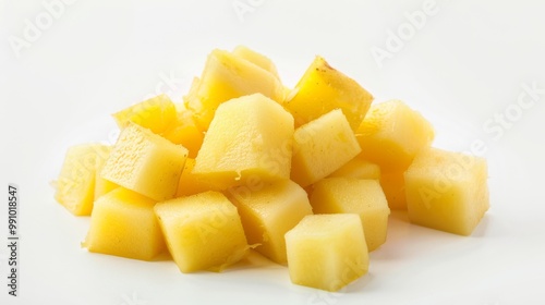 Neatly cut cubes of fresh pineapple on a clean white background capture the essence of tropical freshness and simplicity.