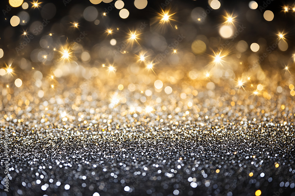 Glamorous New Year's background with a gold and black glitter gradient, accented by bright stars Glamorous New Year's background with a gold and black glitter gradient, accented by bright stars