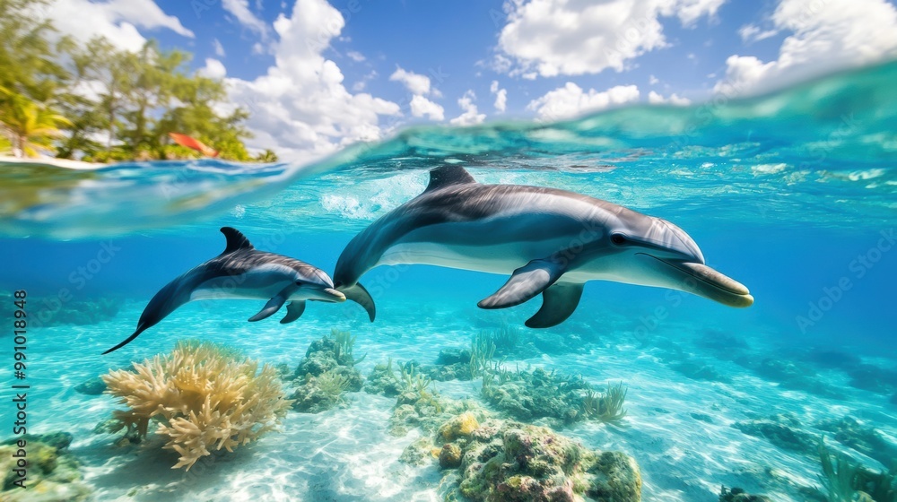 Fototapeta premium Dolphins Swimming in Clear Tropical Waters