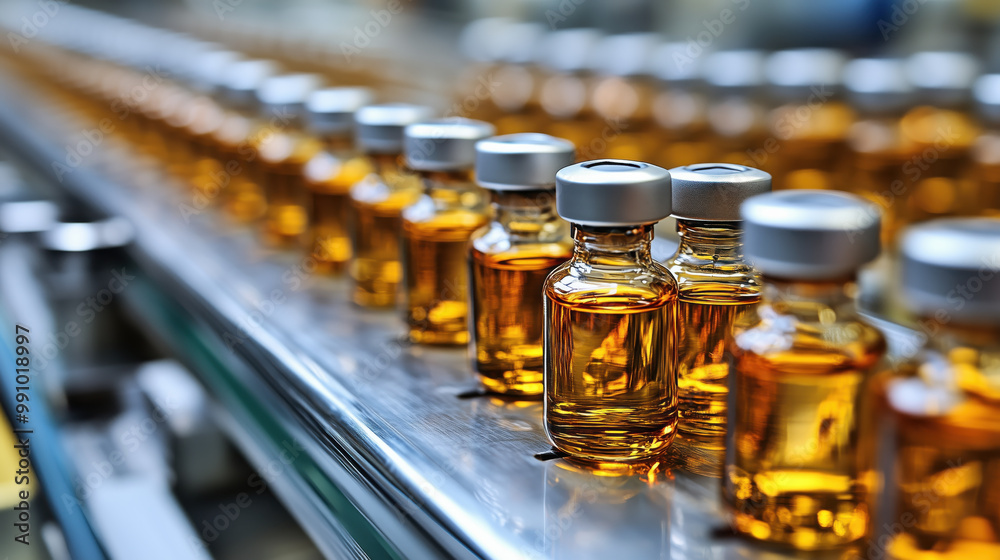 Vaccine vials on factory line, showcasing sense of organized production Vaccine vials on factory line, showcasing sense of organized production