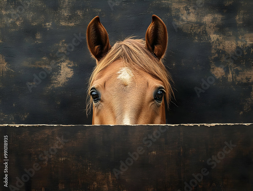 Close-up of a horse's head peeking over a wooden barrier against a dark background, showcasing its expressive eyes. photo