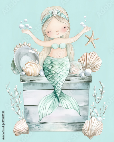 A watercolor painting depicting a mermaid sitting on an open treasure chest, surrounded by seashells, underwater. Soft pastel colors. Child book cover photo