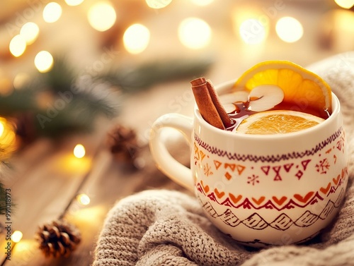 Cozy Winter Evening with Spiced Hot Drink in Festive Mug Surrounded by Warm Lights and Holiday Decorations.