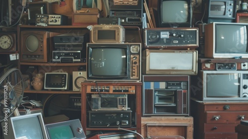 A cluttered pile of vintage TVs and electronic equipment, capturing a sense of time gone by and the evolution of technology.