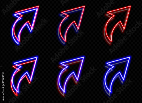 Neon red and blue curved arrow pointing upwards on a transparent background. Glowing, futuristic design, ideal for technology, navigation, and digital direction concepts.