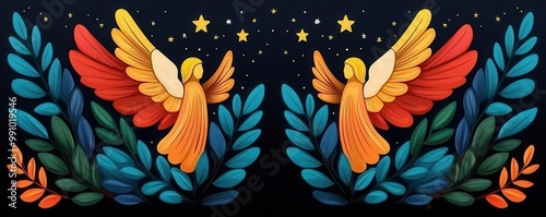 Neonlit holiday stage with Christmas angels, glowing in vibrant colors, set against a backdrop of stars and festive decorations, 3D illustration photo