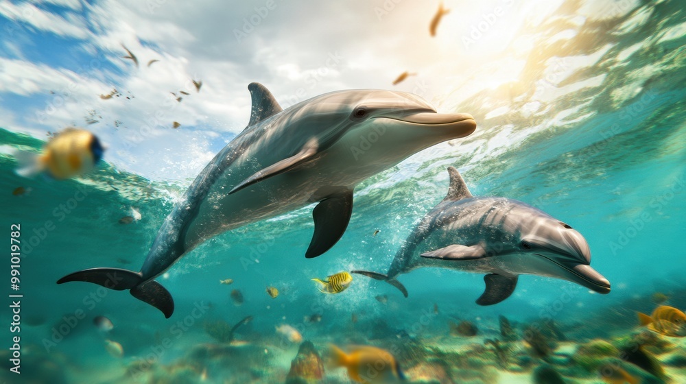 Fototapeta premium Dolphins Swimming in Clear Tropical Ocean Waters