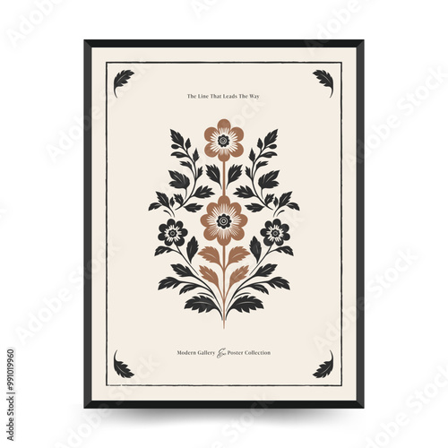 Abstract linocut floral posters template. Modern trendy minimal style. Black and white colors. Magic, mystical. Hand drawn design for wallpaper, wall decor, print, postcard, cover, template, banner.