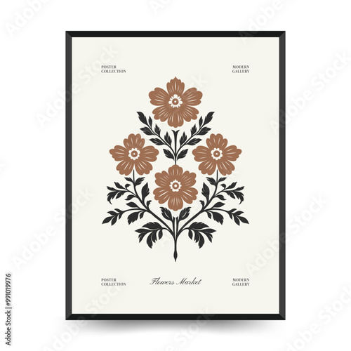 Abstract linocut floral posters template. Modern trendy minimal style. Black and white colors. Magic, mystical. Hand drawn design for wallpaper, wall decor, print, postcard, cover, template, banner.