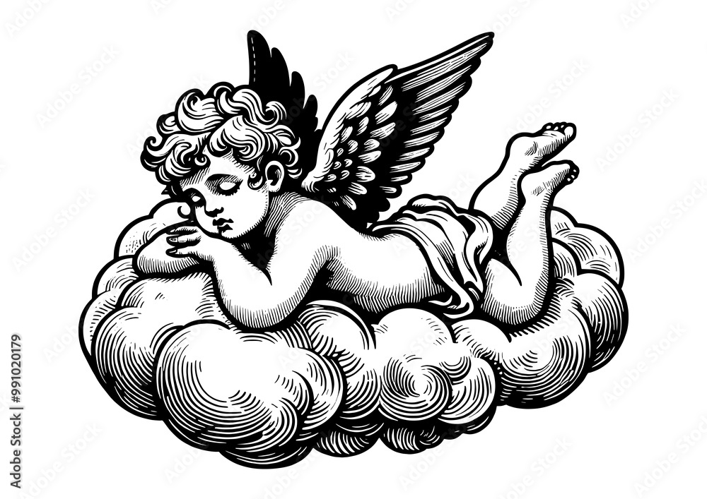 Fototapeta premium cherub peacefully sleeping on a cloud, serene and angelic atmosphere with classic engraving style sketch engraving generative ai PNG illustration. Scratch board imitation. Black and white image.