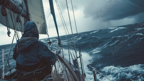 A solitary sailor in a raincoat faces a brewing storm on the vast ocean, embodying resilience and the unyielding spirit of nautical exploration.