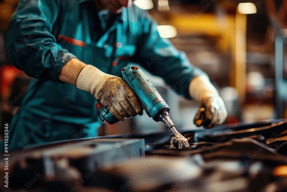 A worker uses a power tool in an industrial setting, focusing on machinery maintenance. A worker uses a power tool in an industrial setting, focusing on machinery maintenance.