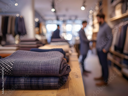 Close-up of rolled fabric on a wooden table in a clothing store with blurred shoppers in the background. photo