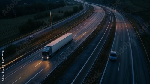 A truck travels down a dimly lit highway at night, with the serene countryside enveloping the scene under a starless sky.