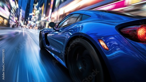 Wallpaper Mural A blue sports car speeds through a city at night, leaving a trail of motion blur in its wake. Torontodigital.ca