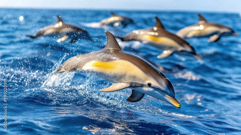 Fototapeta premium Dolphins Jumping Over Ocean Waves in the Sunlight