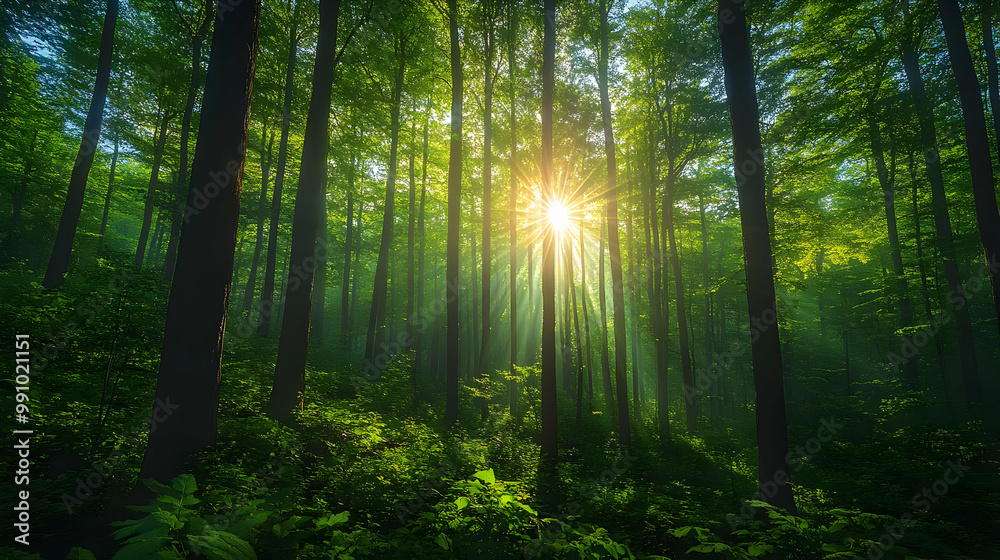 Obraz premium A serene forest scene with sunlight filtering through lush green trees, creating a magical and tranquil atmosphere.