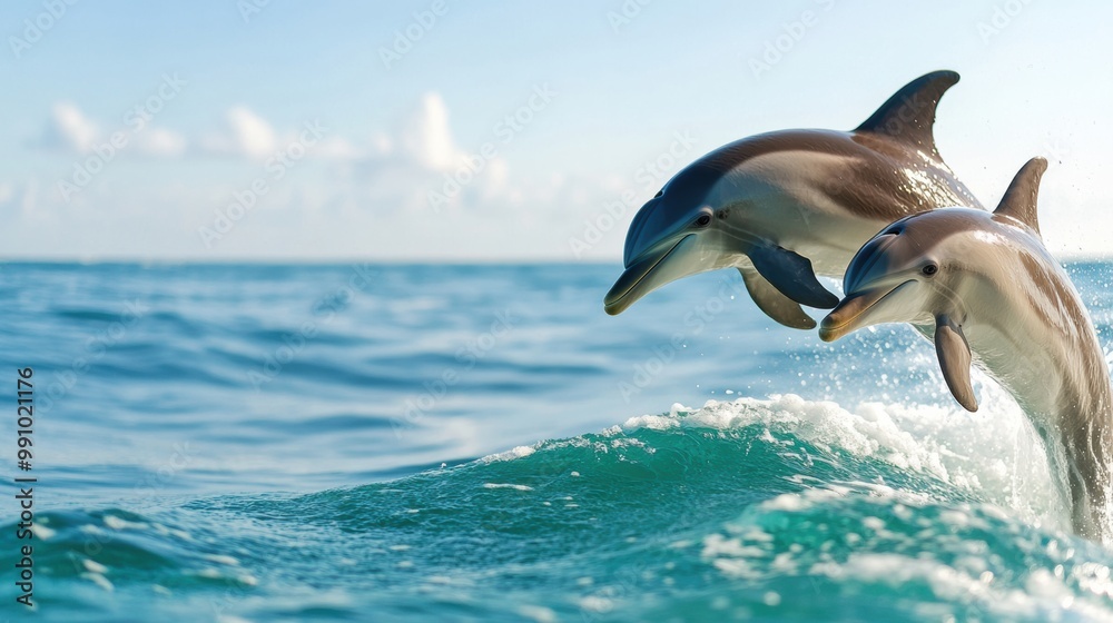 Obraz premium Dolphins Jumping Over Ocean Waves at Sunset