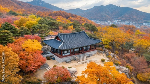 Yongmunsa Temple, known for its tile house, is nestled amidst vibrant autumn foliage on Yongmunsan Mountain in Yecheon-gun, South Korea. photo