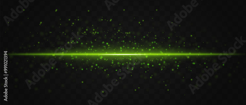 Glowing green laser beam horizontally with sparkling particles across a dark transparent background, creating a futuristic and high-tech visual effect. Neon flare, laser lines of light