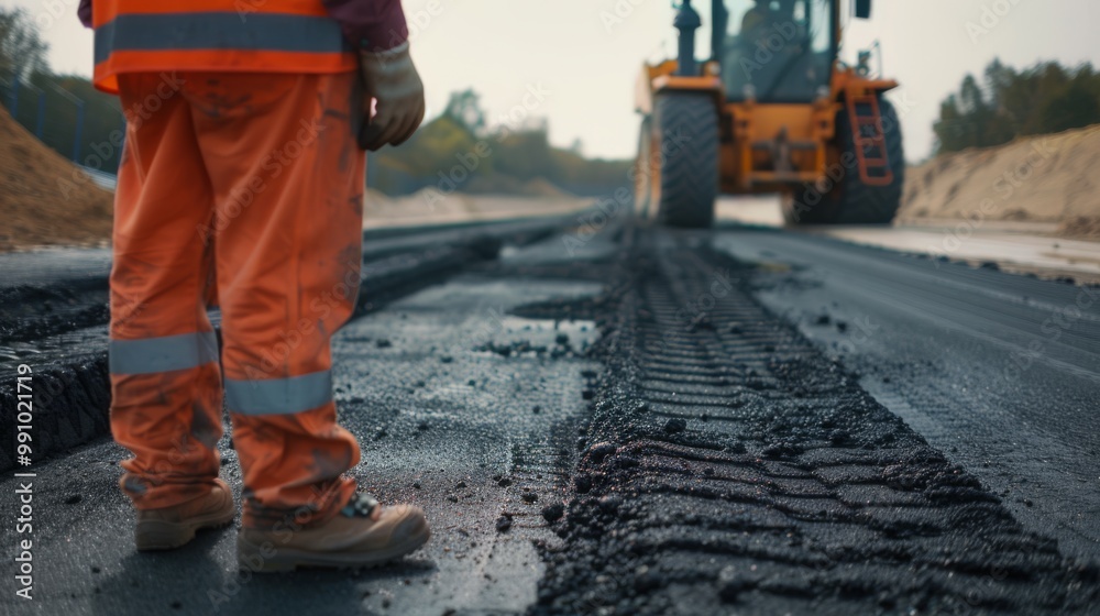 Road construction with visible machinery tracks and a worker in orange gear, symbolizing the efforts and hard work in infrastructure development. Road construction with visible machinery tracks and a worker in orange gear, symbolizing the efforts and hard work in infrastructure development.