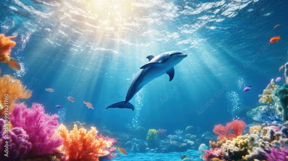 Dolphin Swimming in Vibrant Coral Reef Underwater Dolphin Swimming in Vibrant Coral Reef Underwater