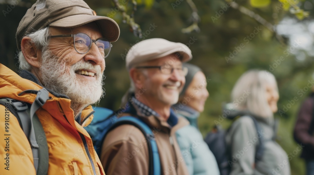 A group of elderly hikers, equipped with backpacks and outdoor clothing, enjoys a scenic view on a bright day, smiling in camaraderie. A group of elderly hikers, equipped with backpacks and outdoor clothing, enjoys a scenic view on a bright day, smiling in camaraderie.