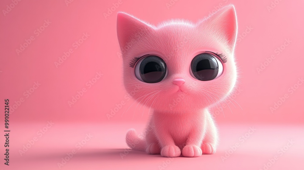 A 3D pink cartoon cat with large eyes, sitting in the middle of a pink backdrop, ideal for children content or animal-themed designs. A 3D pink cartoon cat with large eyes, sitting in the middle of a pink backdrop, ideal for children content or animal-themed designs.