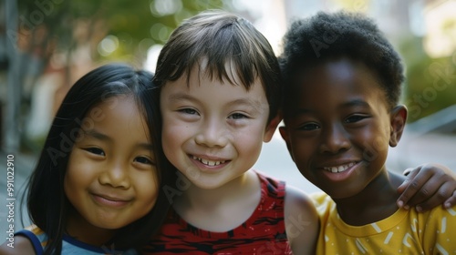 Three diverse children, close together and smiling brightly, enjoy a sunny day, reflecting the joy and innocence of childhood and the beauty of friendship.