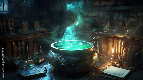 Witch�s cauldron bubbling with green potion, surrounded by spell books and potion bottles, in a dark, mystical room photo