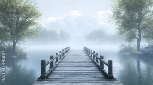 A serene wooden bridge extending over a misty lake, surrounded by lush trees under a tranquil sky. photo