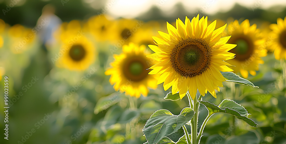 Obraz premium Sunflower field in summer under a bright blue sky. 