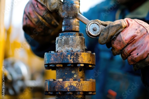 A worker using a wrench on an industrial valve in a machinery setting.