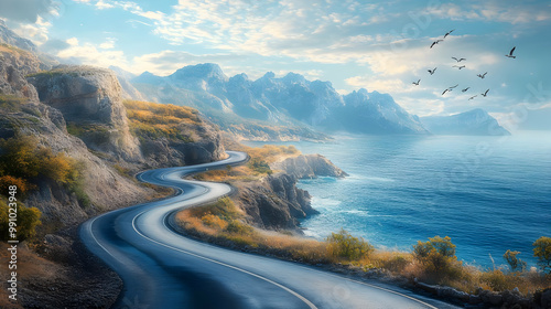 Scenic coastal view with winding road, mountains, and ocean under a vibrant sky filled with birds.