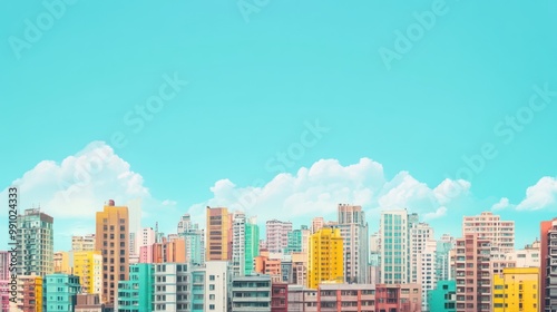 Colorful cityscape with blue sky and fluffy clouds.