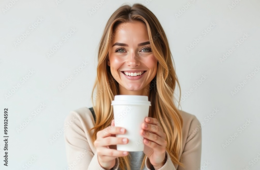 A young blonde girl stands with a paper cup for takeaway coffee drinks or tea on a white background. Place for text A young blonde girl stands with a paper cup for takeaway coffee drinks or tea on a white background. Place for text
