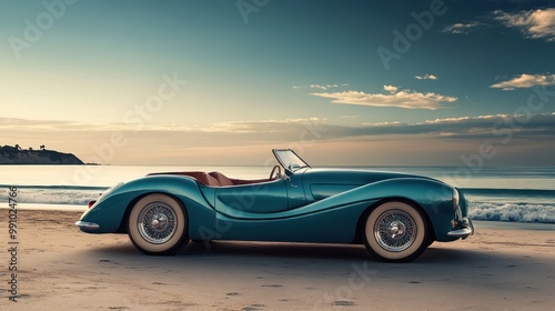 A teal vintage convertible car parked on the beach at sunset.