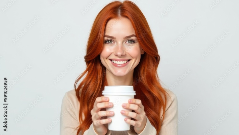 A young red-haired girl stands with a paper cup for takeaway coffee drinks or tea on a white background. Place for text A young red-haired girl stands with a paper cup for takeaway coffee drinks or tea on a white background. Place for text