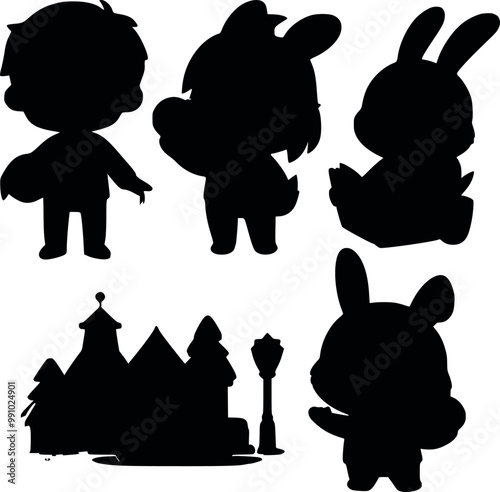 Cartoon characters flat black and white Boys and girls icon set image Free Vector 