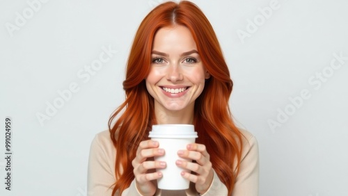 A young red-haired girl stands with a paper cup for takeaway coffee drinks or tea on a white background. Place for text