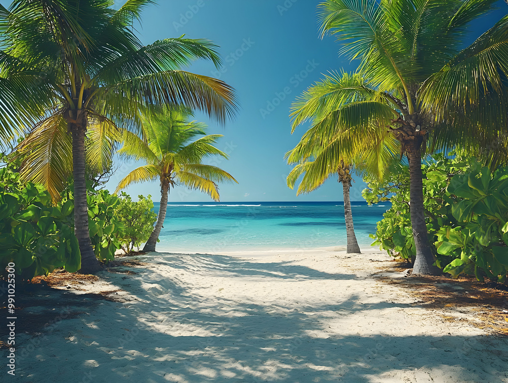 A tranquil beach scene with palm trees framing the shoreline, crystal clear waters, and a clear blue sky.