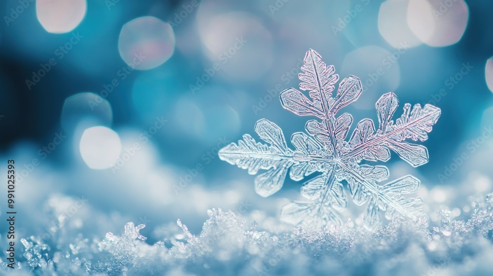 Delicate snowflake with intricate details sits on a bed of pristine white snow against a blurry blue background. Delicate snowflake with intricate details sits on a bed of pristine white snow against a blurry blue background.